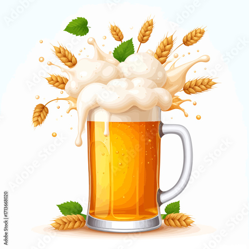 Oktoberfest icon vector Icons of pretzel, beer, Bavarian hat, wheat, and mint leaves splashing out of a beer mug