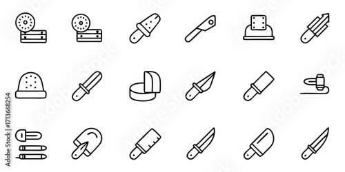 Illustration of various kitchen utensils and tools including knives and other cooking equipment items shown