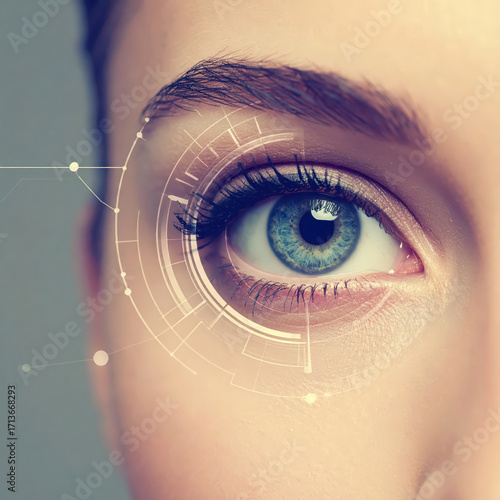 Close up human eye with hologram data.