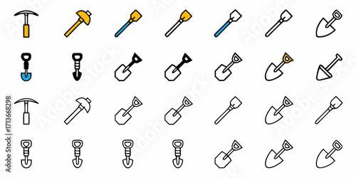 Illustration showing an assortment of shovels, spades, and pickaxes in a grid pattern on a white background
