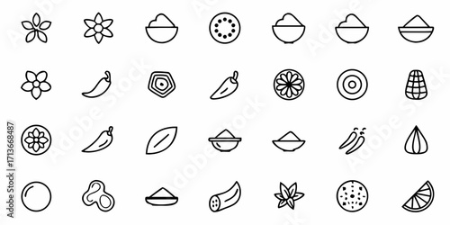 Collection of outlined botanical and culinary elements arranged in a grid pattern on a white background