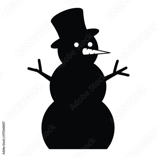 Charming black silhouette snowman with top hat and carrot nose festive winter character