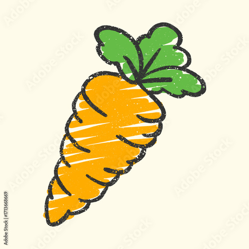 hand drawn crayon carrot illustration with doodle style, fun vegetable art for kids design, healthy food learning, and colorful farm fresh graphics
