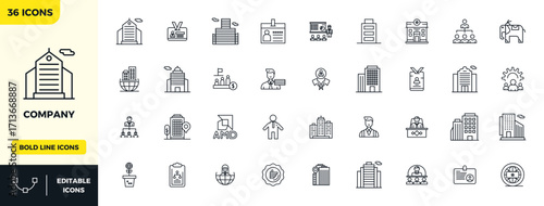 36 Vector Icons for Company featuring 128x128 PIXEL Perfect Bold Line Graphics