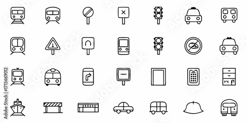 Collection of gardening and forestry icons including trees leaves and tools in a line art style design