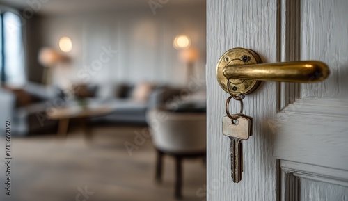 A brass doorknob with keys in a slightly ajar white door reveals a blurred luxurious living room