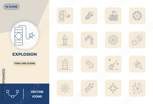 Explosion Exclusive Vector Set featuring 16 Slim Line PIXEL Perfect 128x128 Icons