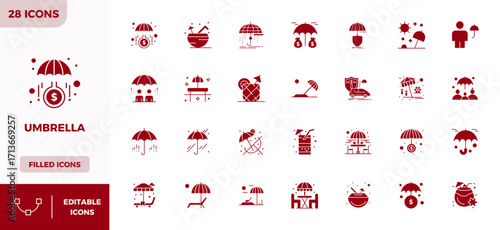 Umbrella Vector Icon Set with 28 Glyph Filled 128x128 PIXEL Perfect Graphics