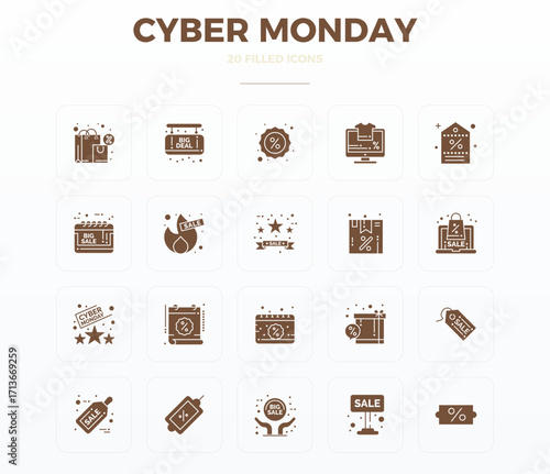 20 PIXEL Perfect Filled Glyph Vector Icons designed for Cyber Monday Interface