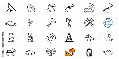 Collection of various train and railway transport icons in a line art style showing front view 100