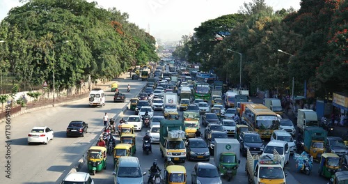  Bengaluru-India-January 5-2025-Heavy Traffic in Bangalore City – Busy Urban Road in India.