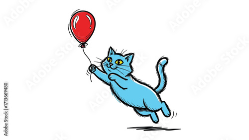 Cat and Balloon: A charming cartoon illustration depicts a playful cat soaring through the air, cheerfully clutching a vibrant red balloon, symbolizing freedom and lightheartedness. 