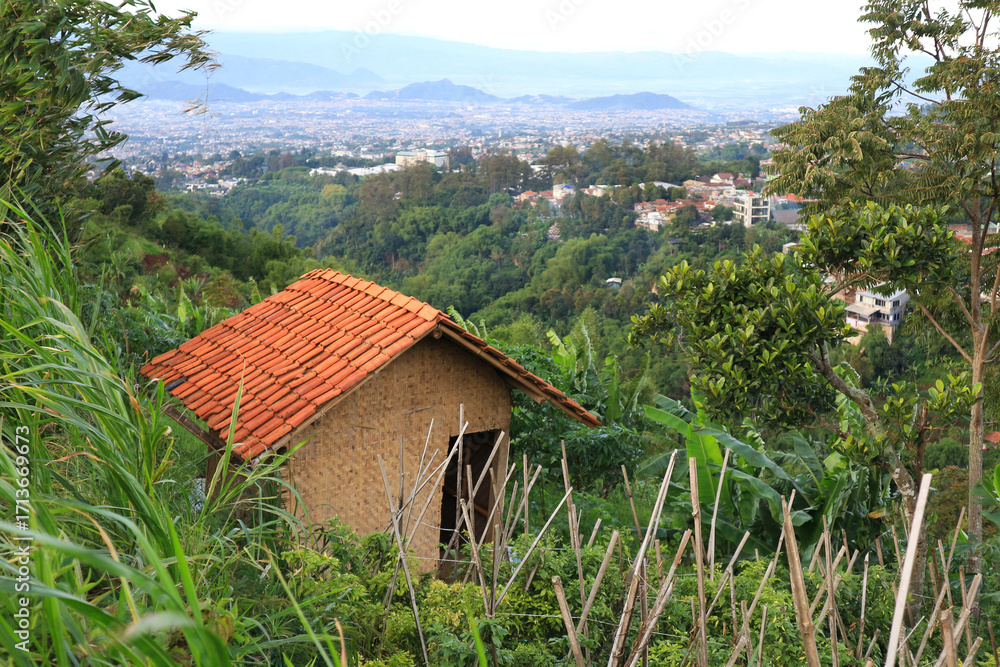 Obraz premium Bamboo hut in the garden with city views