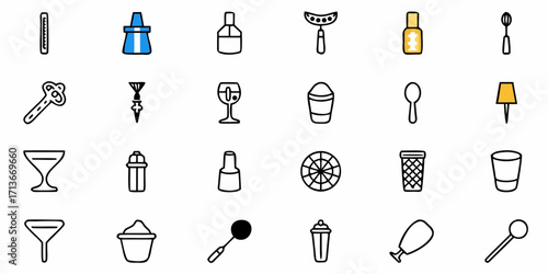 Illustration showcasing various bar tools and glassware arranged in a neat and organized manner design