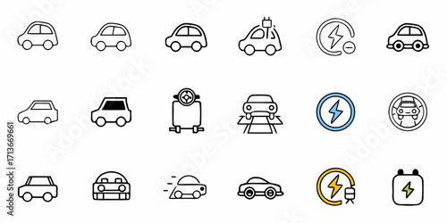 Collection of electric car and renewable energy icons featuring cars, solar panels, and charging elements