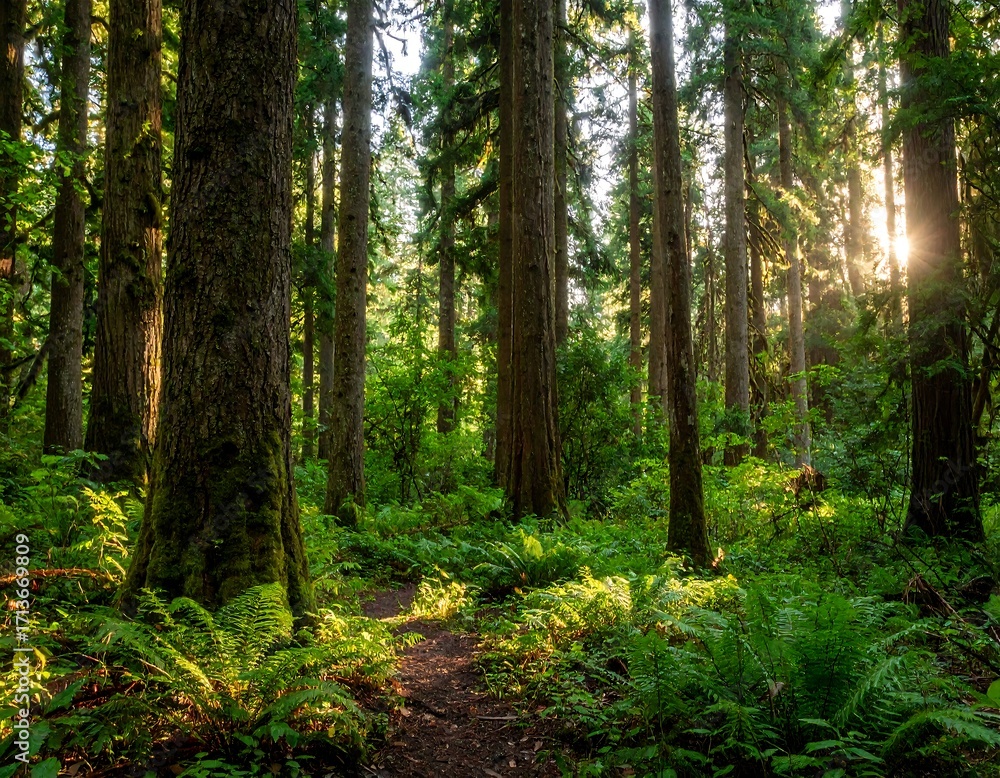 Obraz premium Sunlight filtering through a lush forest (3)