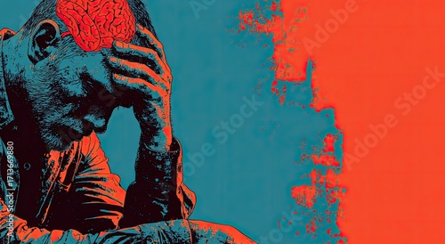 Distressed man with visible brain, hands covering face, set against a textured, fiery orange and teal background