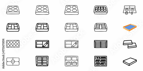 Illustration of various logistics and shipping icons including boxes trucks and forklifts in outline style