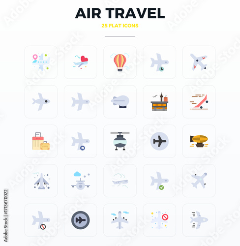 Air Travel Vector Icon Toolkit featuring 25 PIXEL Perfect 128x128 Flat elements