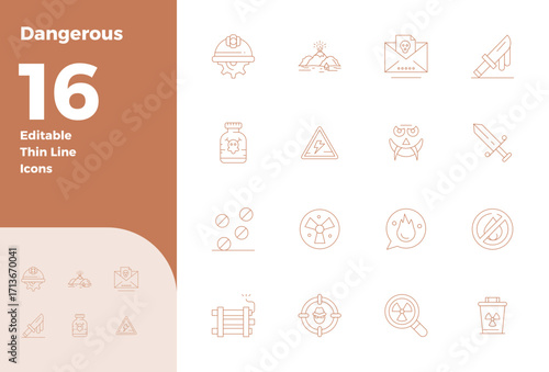 16 Vector Icons for Dangerous featuring 128x128 PIXEL Perfect Thin Outline Graphics