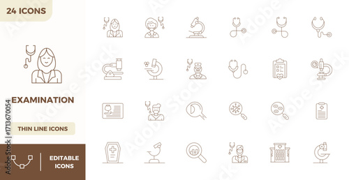 Examination Vector Icon Library with 24 Thin Outline 128x128 PIXEL Perfect Designs
