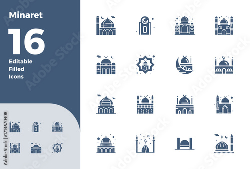 Minaret Premium Vector Bundle with 16 128x128 PIXEL Perfect Filled Icons