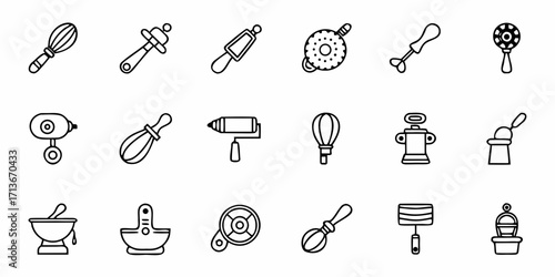 Collection of kitchen tools and utensils including whisks rollers and mortar in black outline style