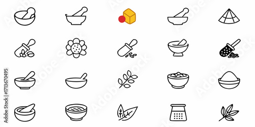 A collection of kitchen and cooking related icons including bowls, spices, and other culinary elements