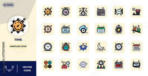 24 Lineal Filled Flat Vector Icons designed for Time in 128x128 PIXEL Perfect format