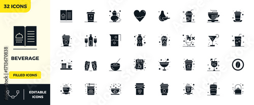 Beverage Scalable Vector Set featuring 32 PIXEL Perfect Glyph Filled 128x128 Icons
