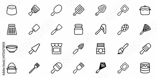 Collection of black outline kitchen utensils and baking tools in a grid arrangement on a white background
