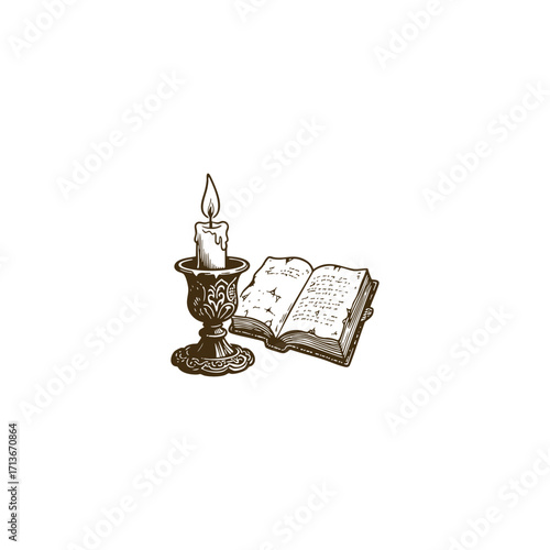 engraving style illustration featuring a burning candle in an ornate candlestick standing next to an open book