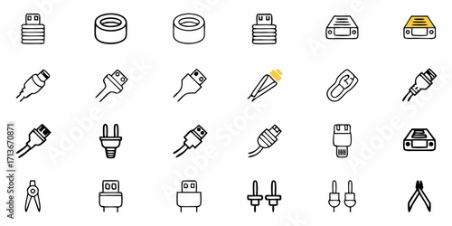 Illustration of various electrical components and tools in a minimalist line art style drawing isolated