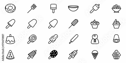 Collection of outline dessert icons including donut, ice cream, cupcake, and other sweet treats