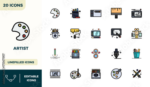Artist Comprehensive Vector Bundle with 20 PIXEL Perfect Lineal Color Filled 128x128 Icons