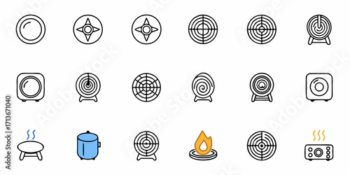 Collection of various circular and square icons including targets stoves and compasses in a grid pattern