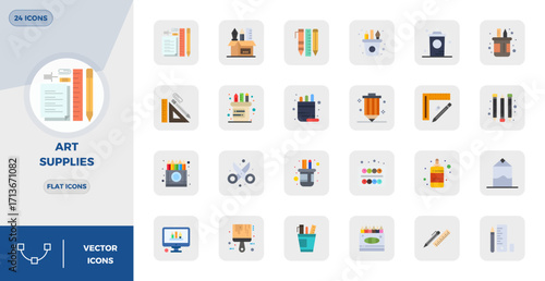 Art Supplies Vector Graphics Pack including 24 Flat 128x128 PIXEL Perfect Icons
