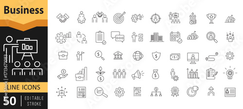 Business Icon set.  Business team, meeting, partnership, startup, planning, management, profit, Editable stroke. Vector illustration..eps