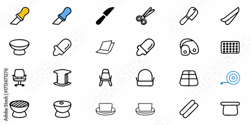 Illustration of satellites, rockets, antennas, and earth globe in a line art style design set up in rows