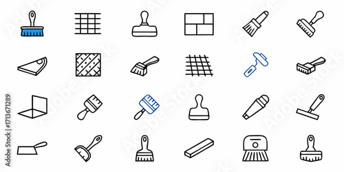 Illustration of various tiling and construction tools including brushes and spreaders and tile patterns