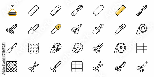 Illustration of various crafting and office supplies including scissors rulers and adhesive tools shown