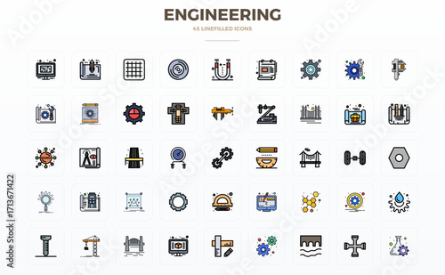 Engineering Vector Icon Repository containing 45 Flat Line Filled 128x128 PIXEL Perfect graphics