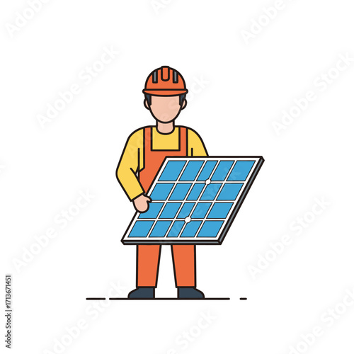 Solar panel installer in hard hat holding a solar panel, illustration of renewable energy and sustainability