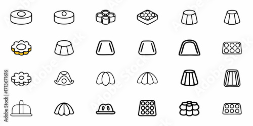 Collection of various dessert and pudding shapes including round square and floral designs in black outline