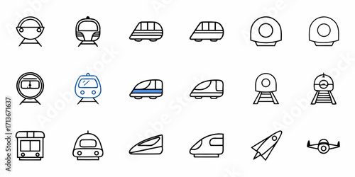 Collection of twenty different simple line drawing style airplanes and blimps in a grid pattern format