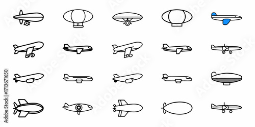 Collection of various train and other transportation icons including bullet trains and rocket ships art work