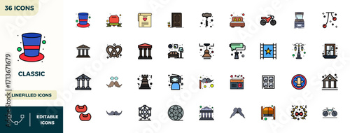 36 Lineal Color Filled Vector Icons from Classic in 128x128 PIXEL Perfect Quality