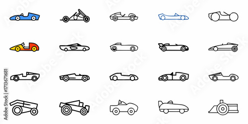 Collection of twenty different race car and go kart designs in various styles and colors on a white background