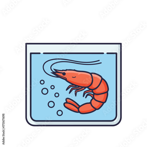 Orange shrimp swimming in blue water inside a container. Perfect for seafood restaurant menus, oceanthemed designs, and marine biology educational materials.