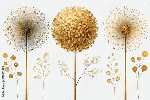Three golden, dandelion-like spheres flanked by smaller, gold-accented sprigs and leaves on a white background